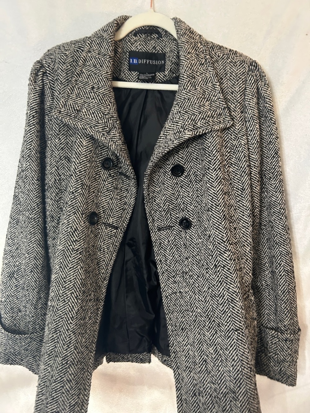 I.B Diffusion Women’s Vintage Black & White Herringbone Wool-Blend Peacoat-Large - Picture 10 of 12